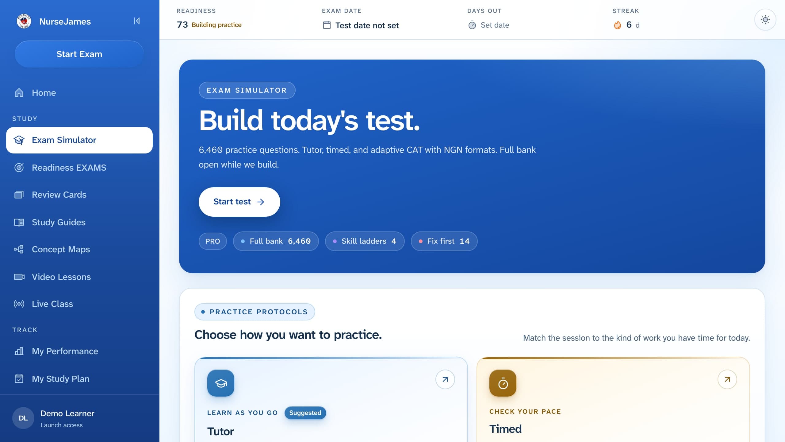 NurseJames test builder with question pools and tutor mode