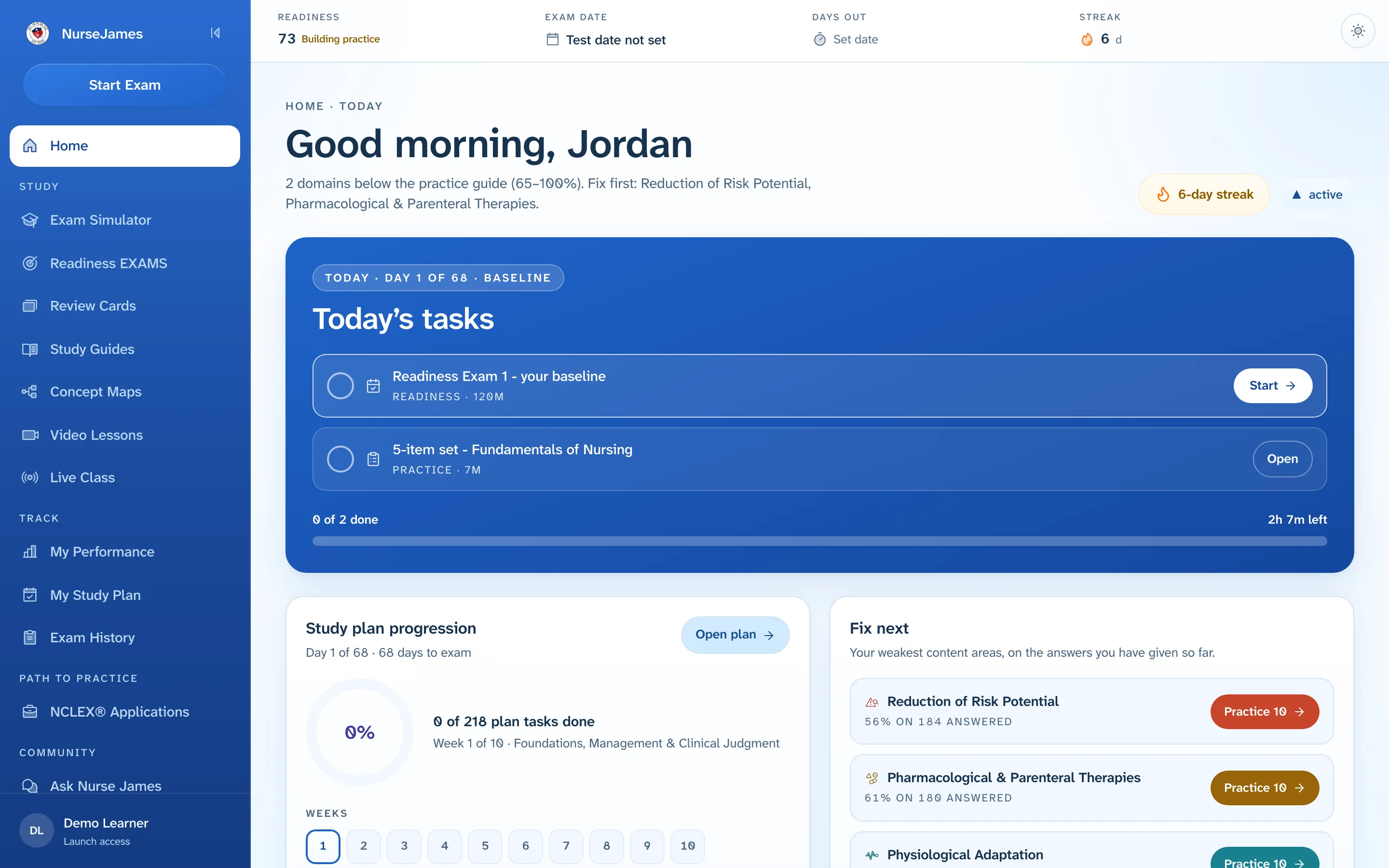 The NurseJames learner dashboard with a readiness ring and today's set