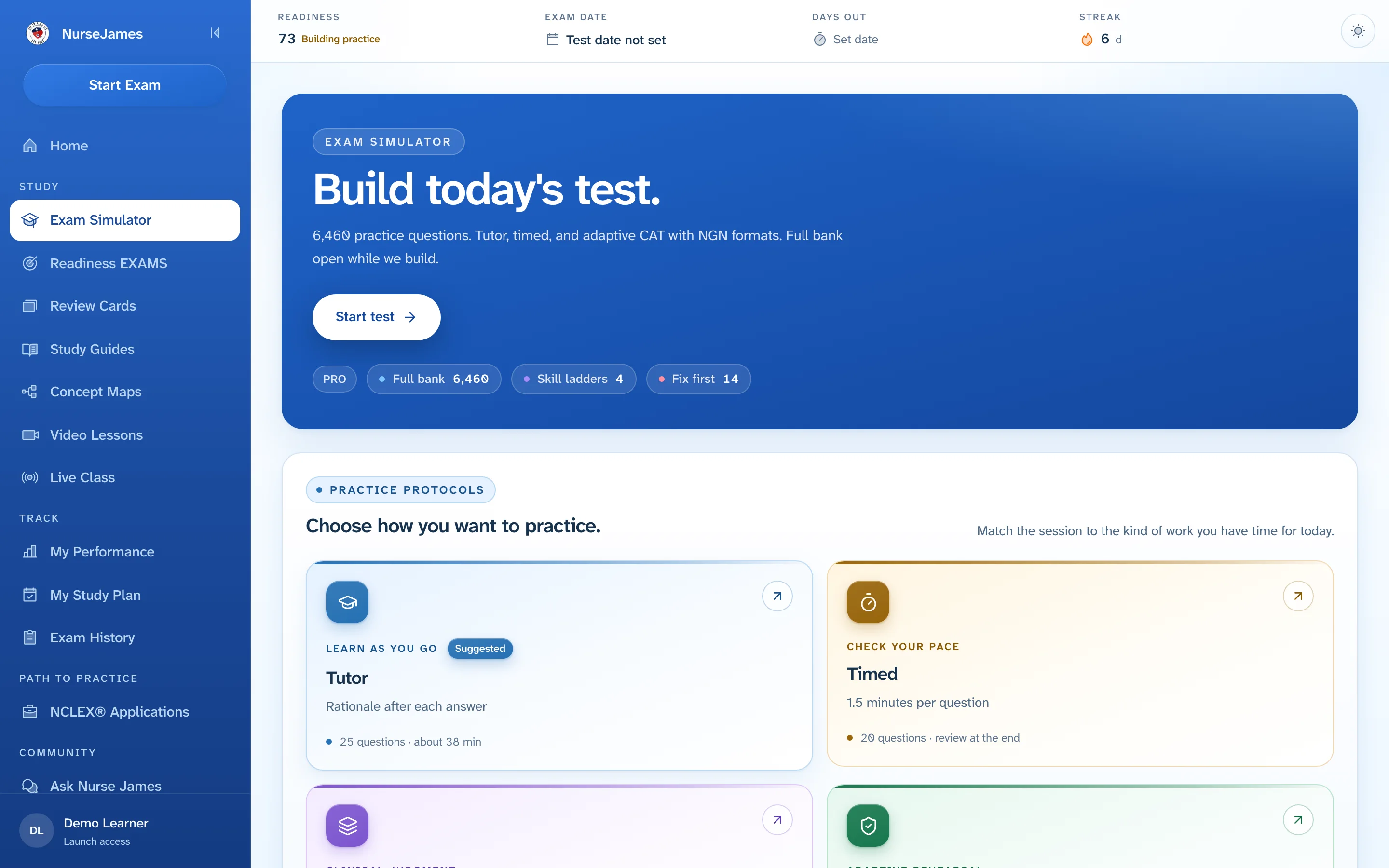 The NurseJames Exam Simulator hub with practice set options
