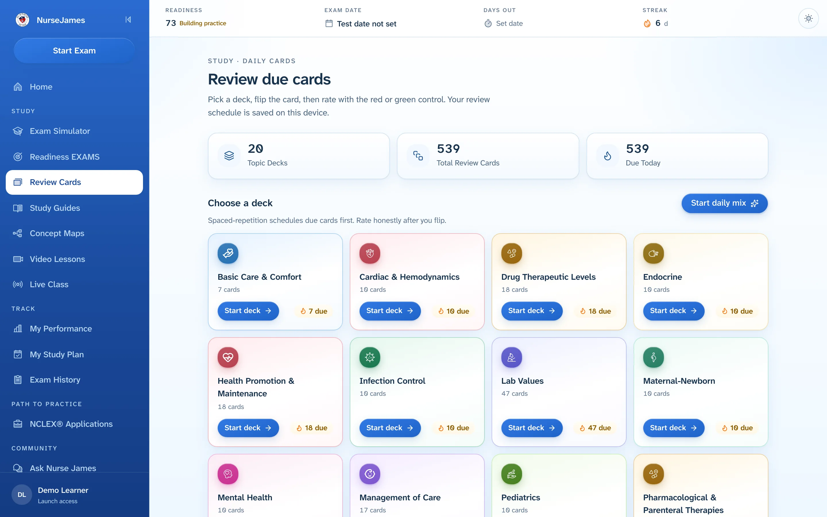 The NurseJames Review Cards page with topic decks