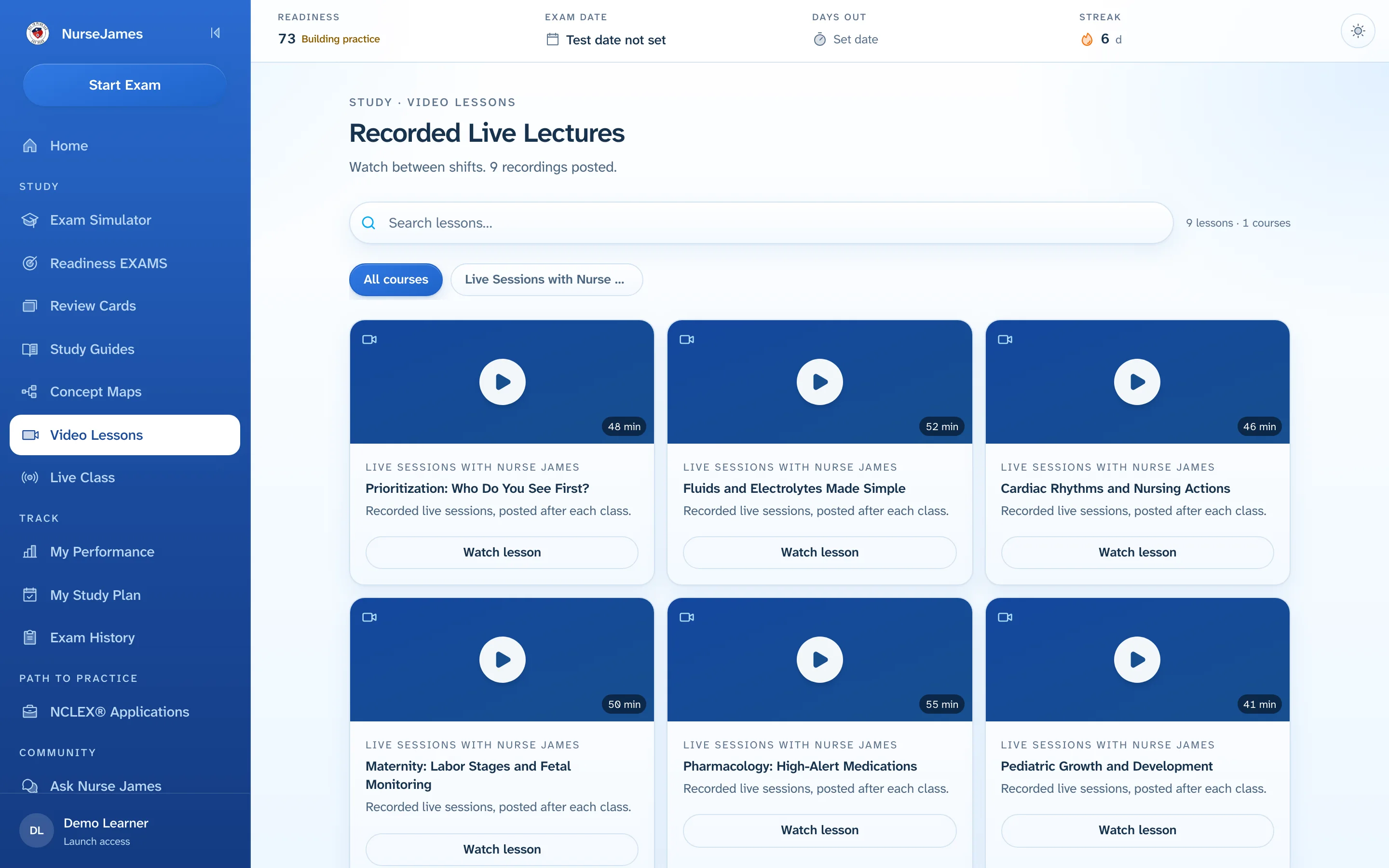 The NurseJames Video Lessons page with courses