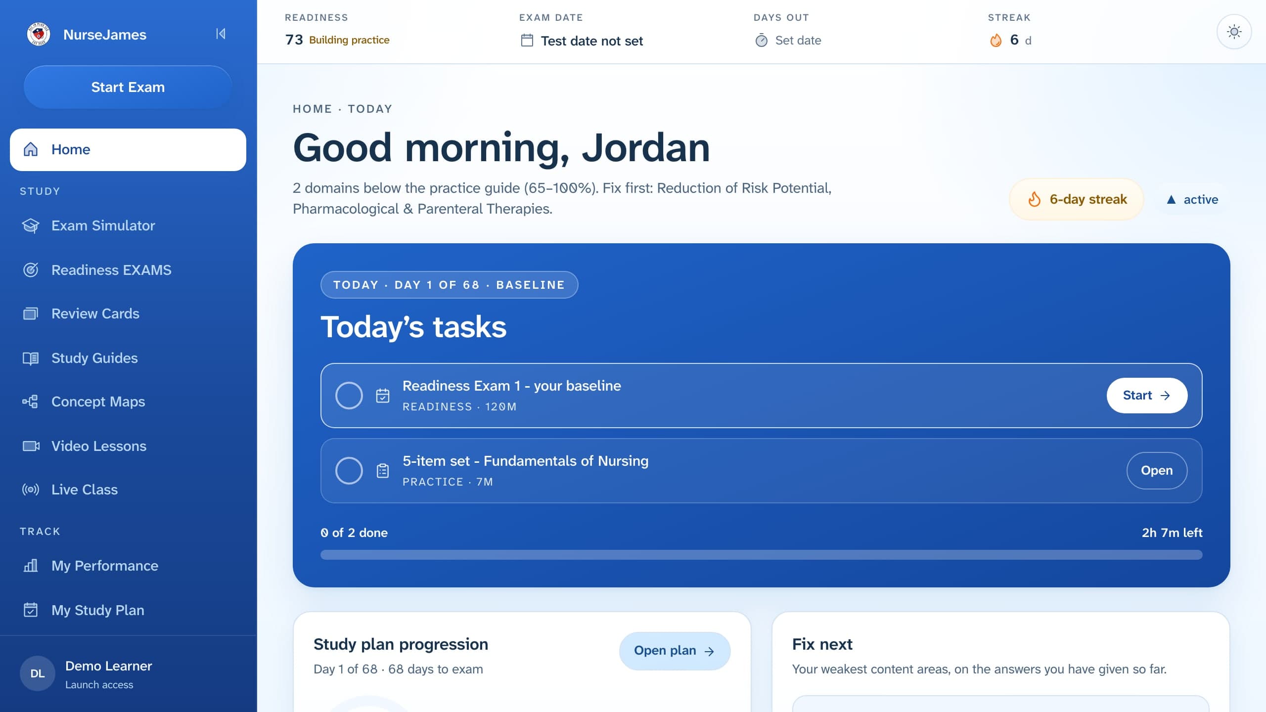 The NurseJames learner home with a readiness ring, an eight-week trend, and today’s set